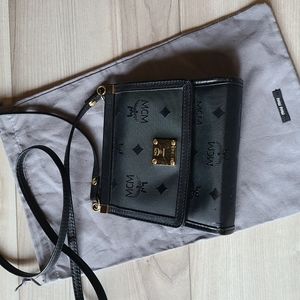 MCM Monogram Vinyl and Leather Small Crossbody Bag. Black with Gold Hardware